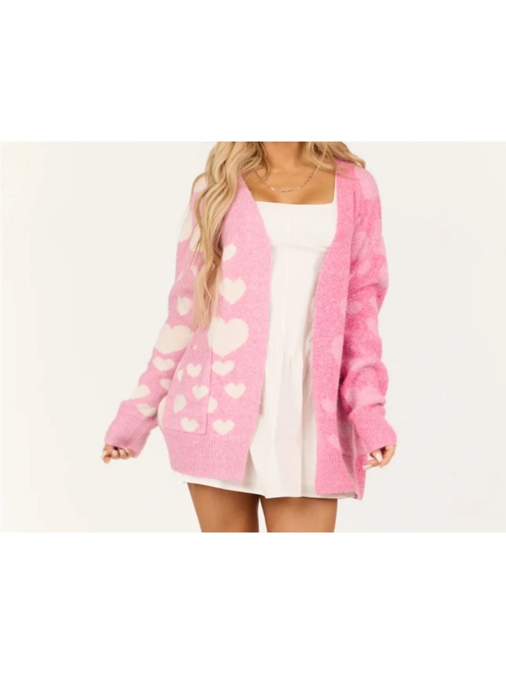 BiBi Pink and White Heart Open-Front Cardigan